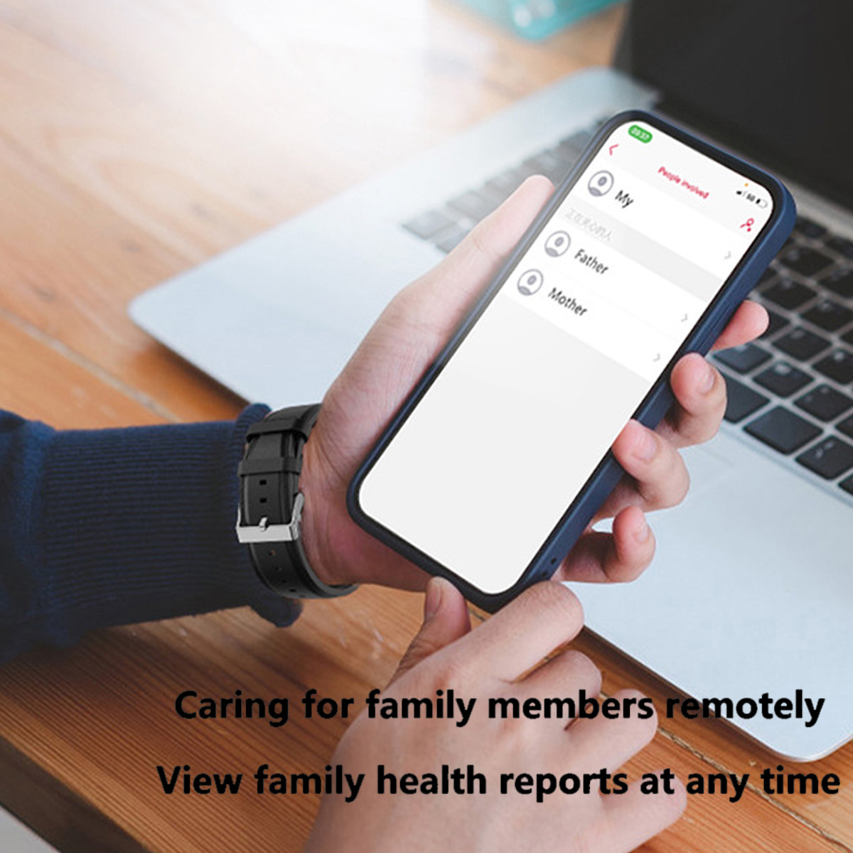 Person nutzt Smartphone zur Fernüberwachung von Familien-Gesundheitsberichten.