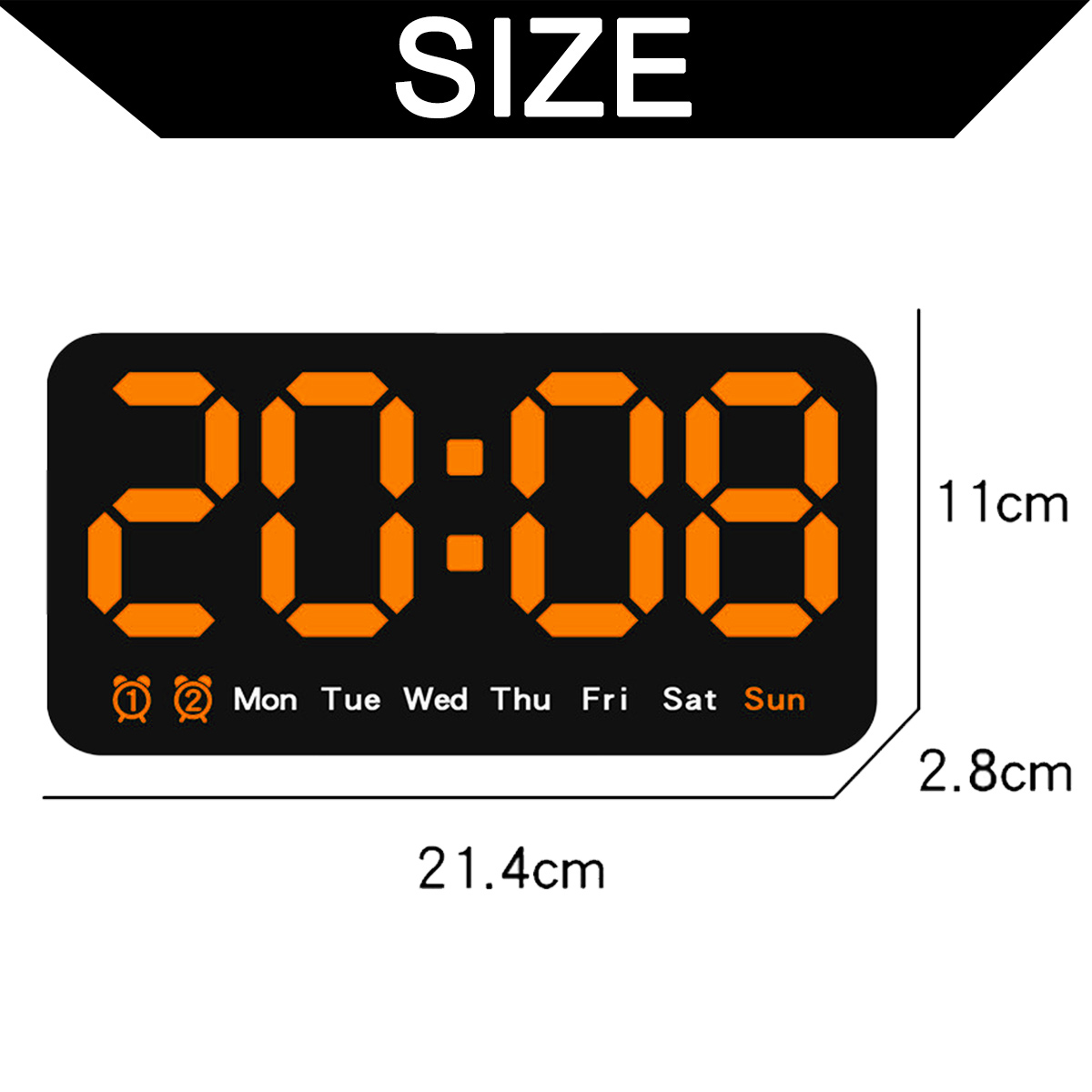 Eine Digitaluhr, die Uhrzeit und Datum anzeigt, mit den Abmessungen der Uhr.