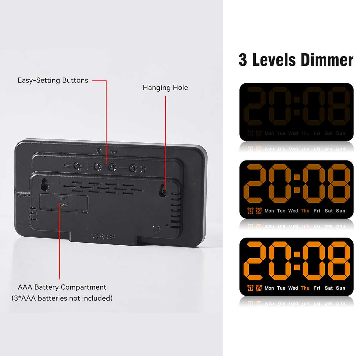 Schwarze Digitaluhr mit mehreren Anzeigeeinstellungen und Tasten.
