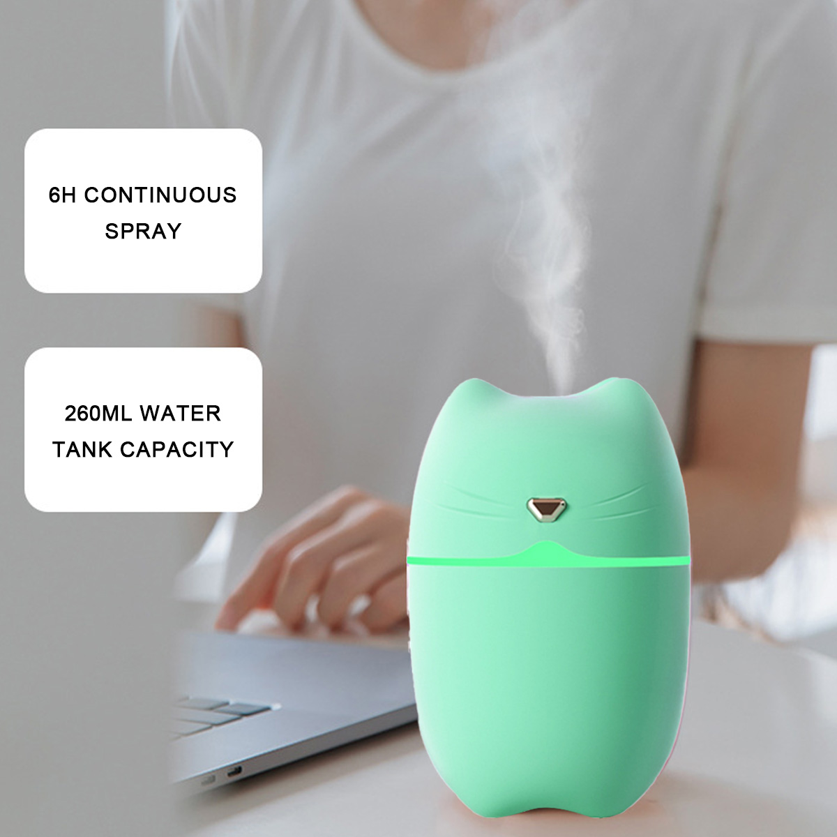 Ein grüner katzenförmiger Luftbefeuchter, der Dampf abgibt. Text: 6H Dauerbetrieb. 260ML Wassertank.