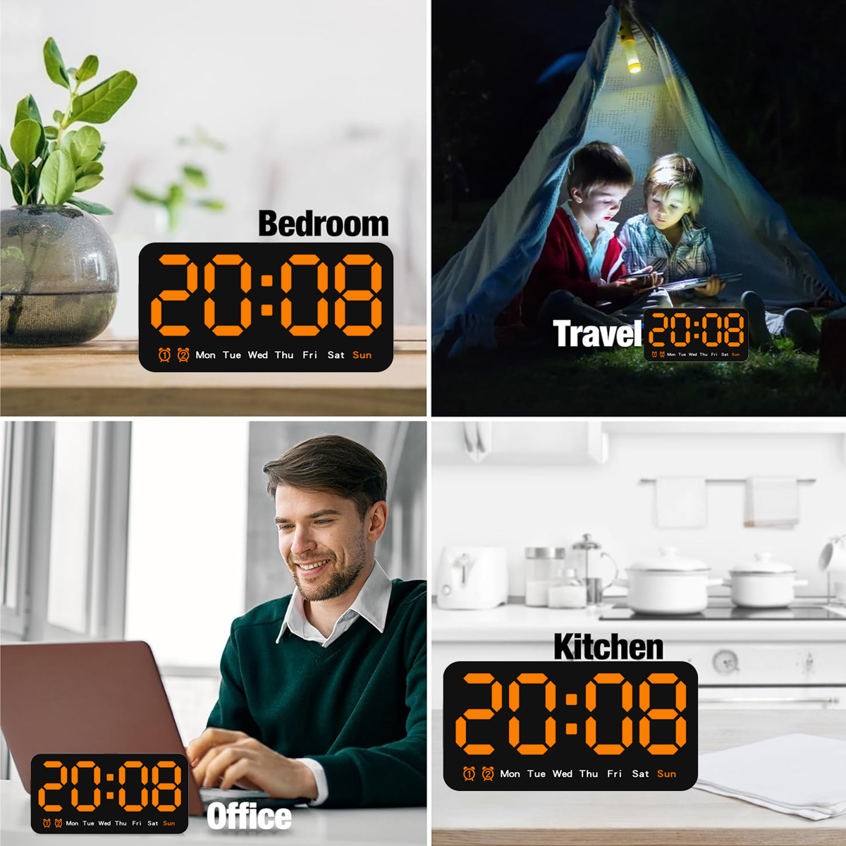 Digitale Wecker, die die Zeit in verschiedenen Umgebungen anzeigen: Schlafzimmer, Reise, Büro und Küche.