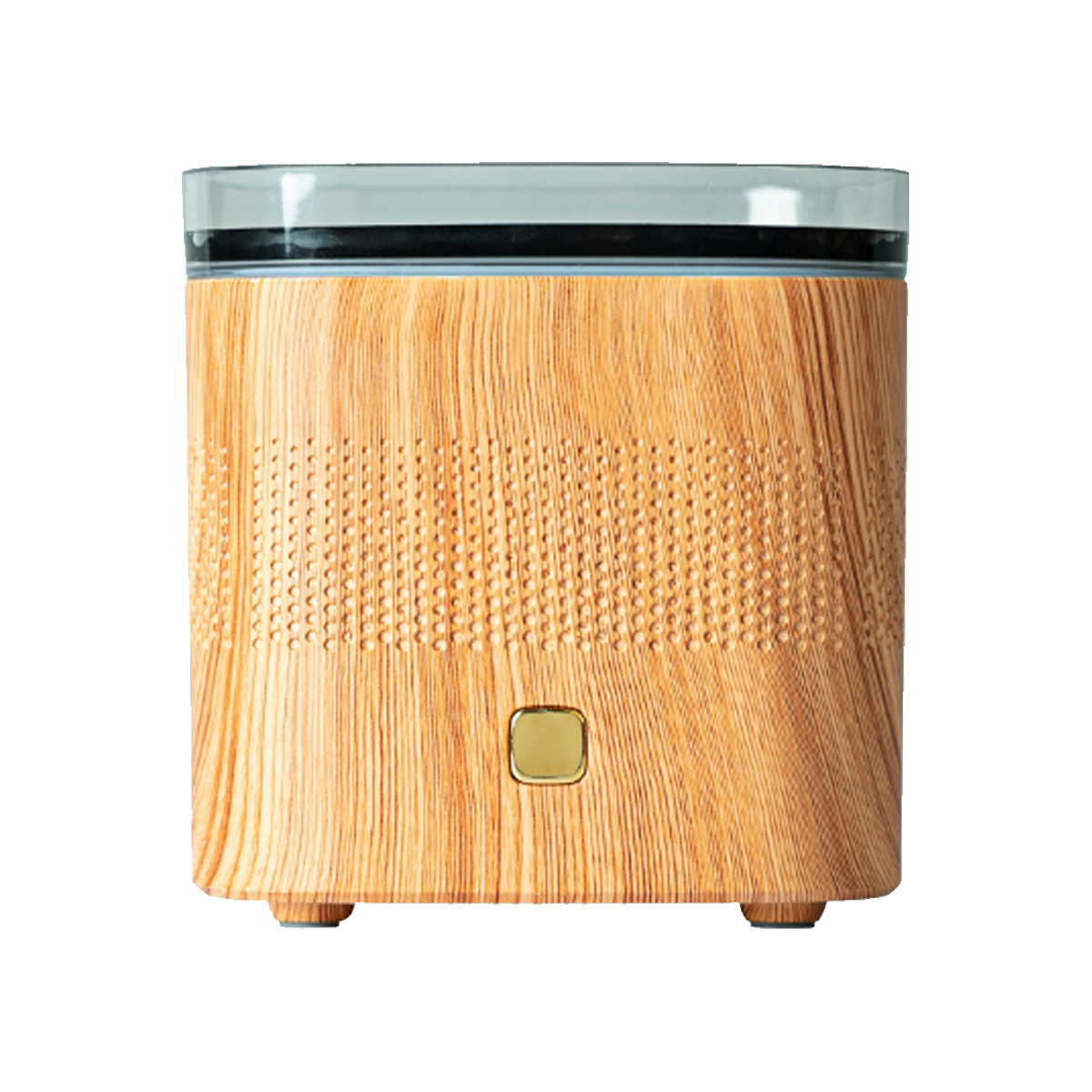 Ein ätherisches Öl Diffusor mit Holzstruktur und transparentem Deckel. Goldener Knopf vorne.