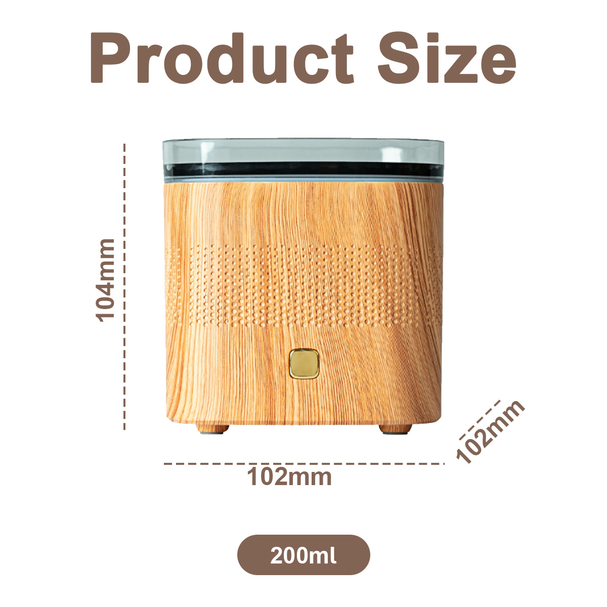 Produktgröße eines Aroma-Diffusors, Maße von 104 mm Höhe und 102 mm Breite, 200 ml.