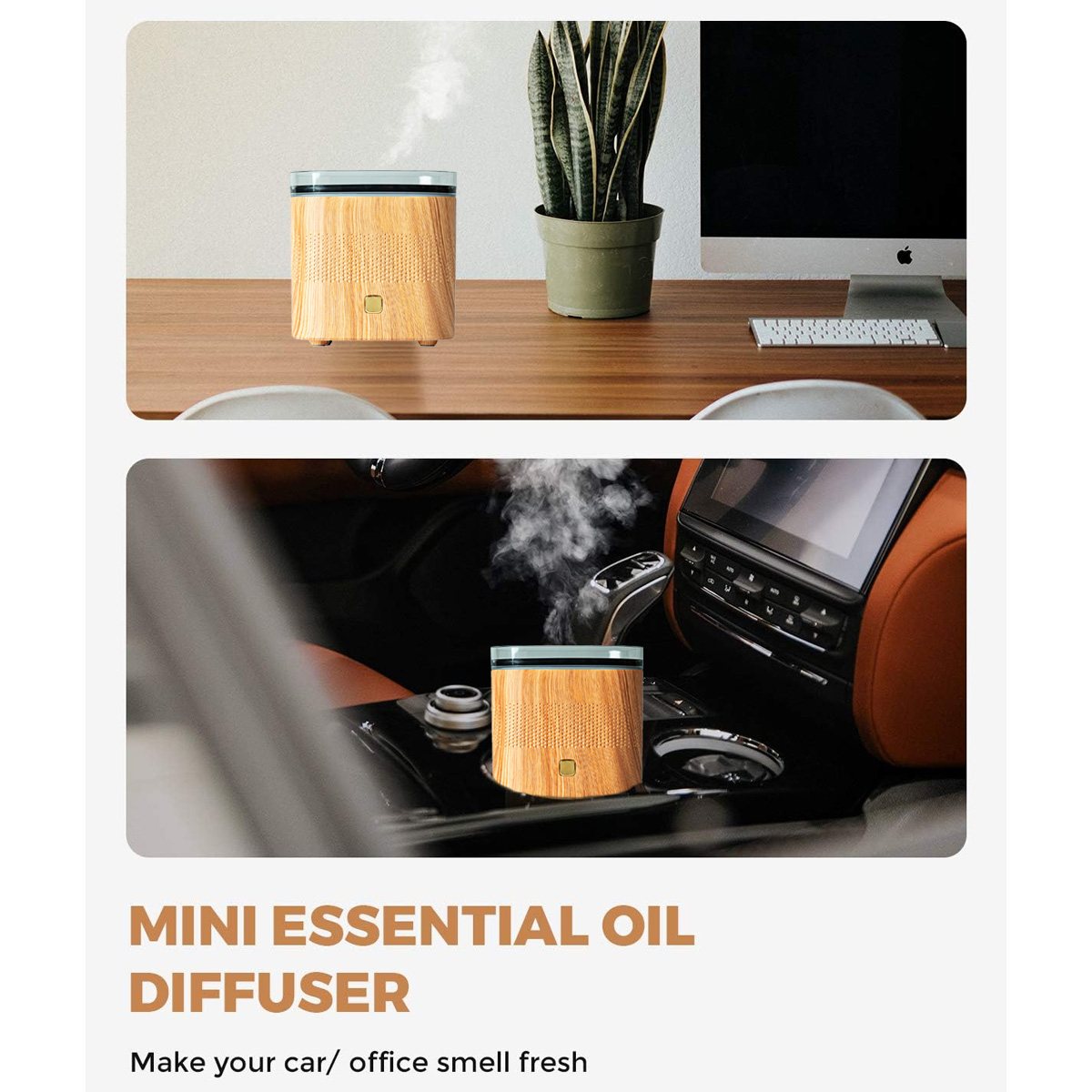 Mini-Diffusor für ätherische Öle in Auto und Büro, Holzstruktur.