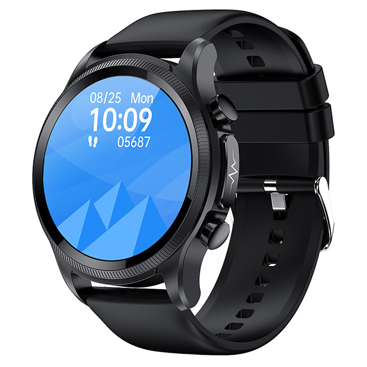 Eine schwarze Smartwatch mit blauem kreisförmigen Display mit Zeit- und Gesundheitsdaten, und schwarzem Armband. Auf Weiß.