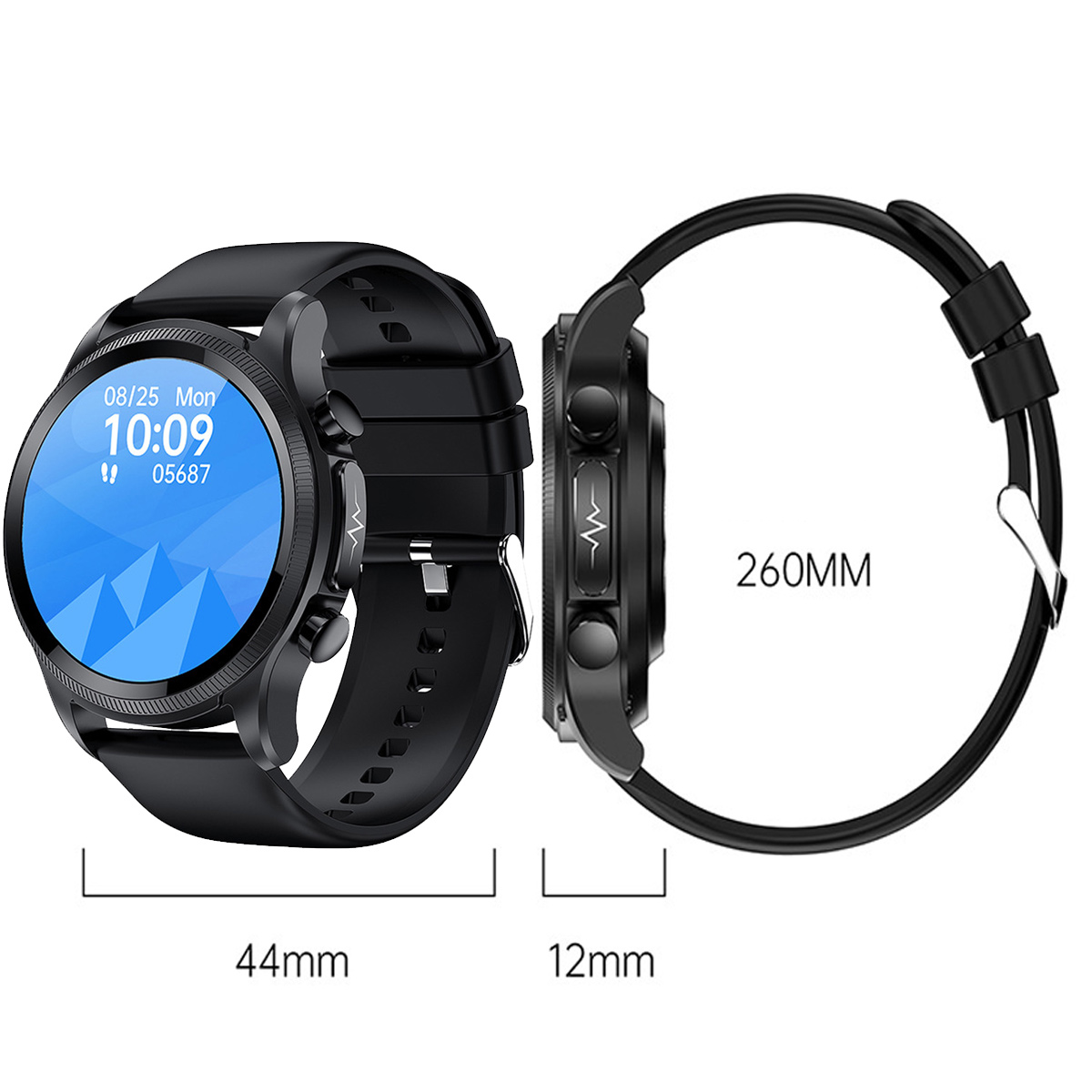 Schwarze Smartwatch mit rundem Bildschirm, der Datum und Uhrzeit anzeigt. Schwarzes Armband. Maße von 44mm x 12mm und 260mm.
