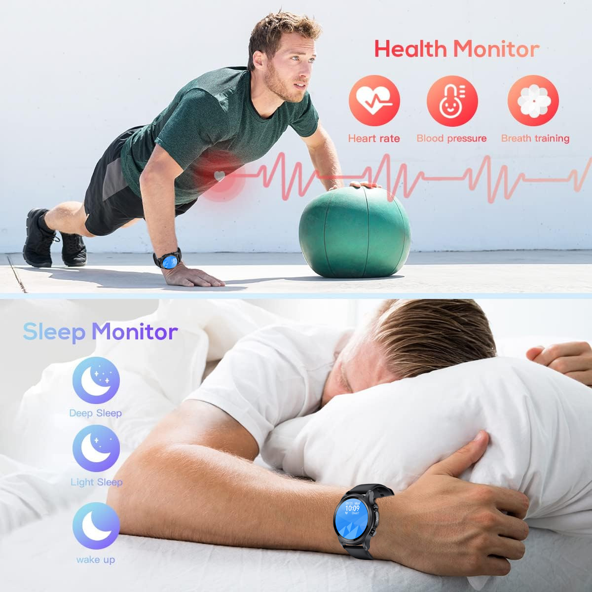 Mann, der trainiert und schläft, mit Smartwatches. Zeigt Gesundheits- und Schlafüberwachungsfunktionen mit zugehörigen Symbolen.