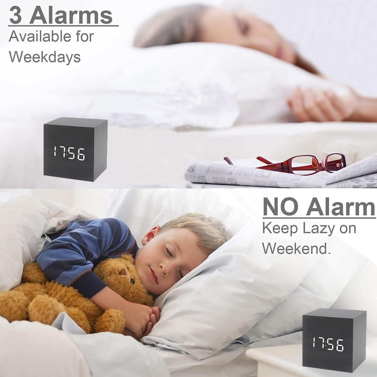 Zwei Bilder, die eine Holzwürfeluhr und schlafende Menschen im Bett zeigen.  Eines mit 3 Weckern.