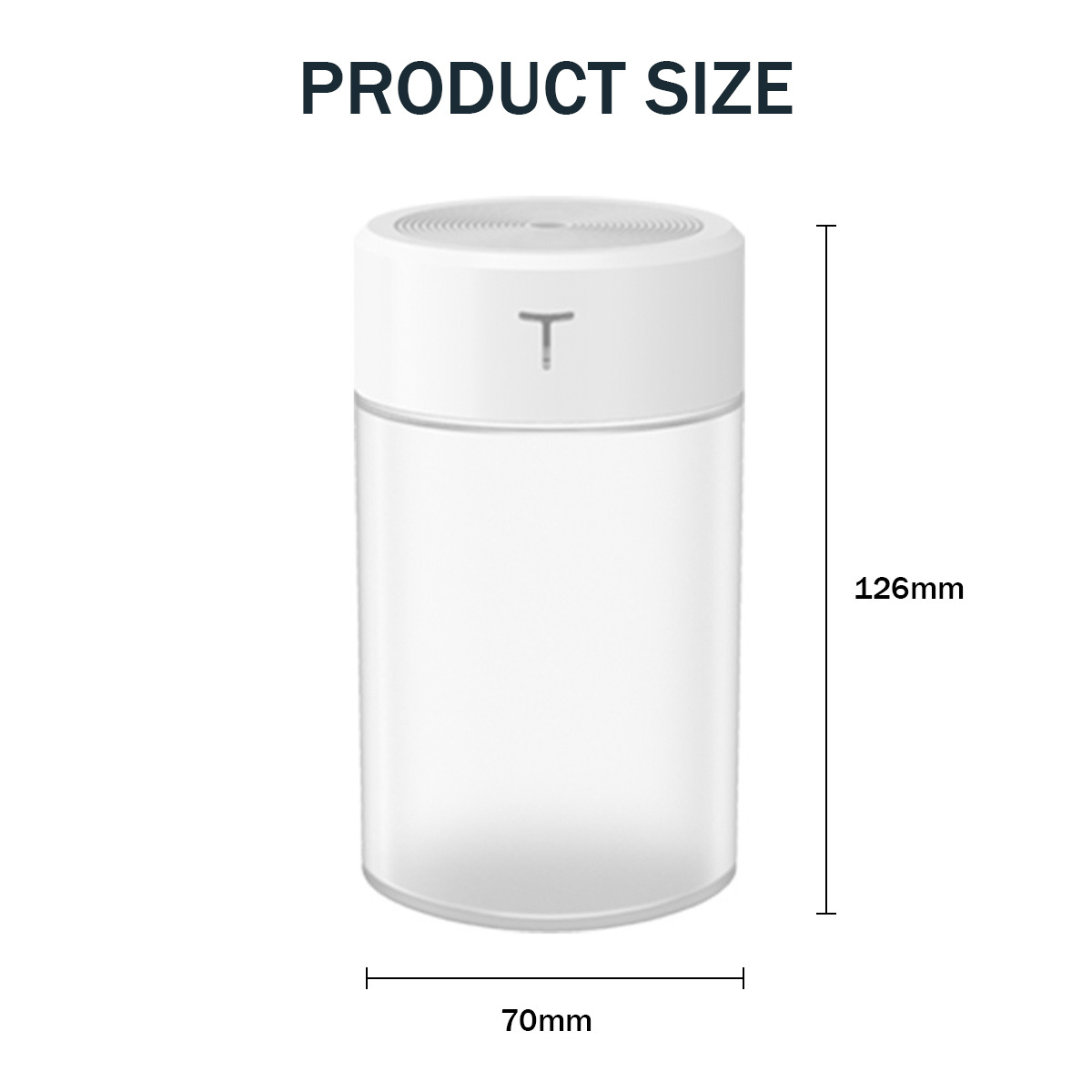 Ein weißer Luftbefeuchter mit zylindrischem Design, mit Abmessungen: 126 mm Höhe, 70 mm Breite.