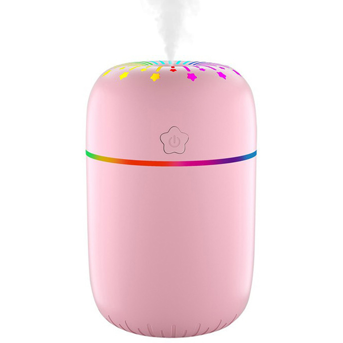 Rosa Luftbefeuchter mit Regenbogenlichtern oben und einem Netzschalter. Weißer Dampf kommt heraus.