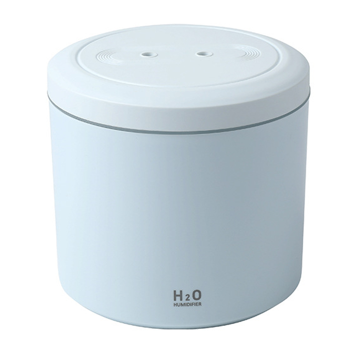 Zylindrischer, hellblauer Luftbefeuchter mit weißer Oberseite. Der Text 'H2O HUMIDIFIER' ist gedruckt.