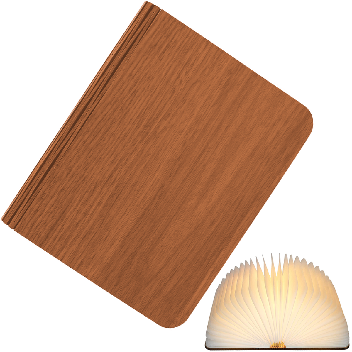 Eine braune, holzfarbene, buchförmige Lampe mit beleuchteten offenen Seiten.