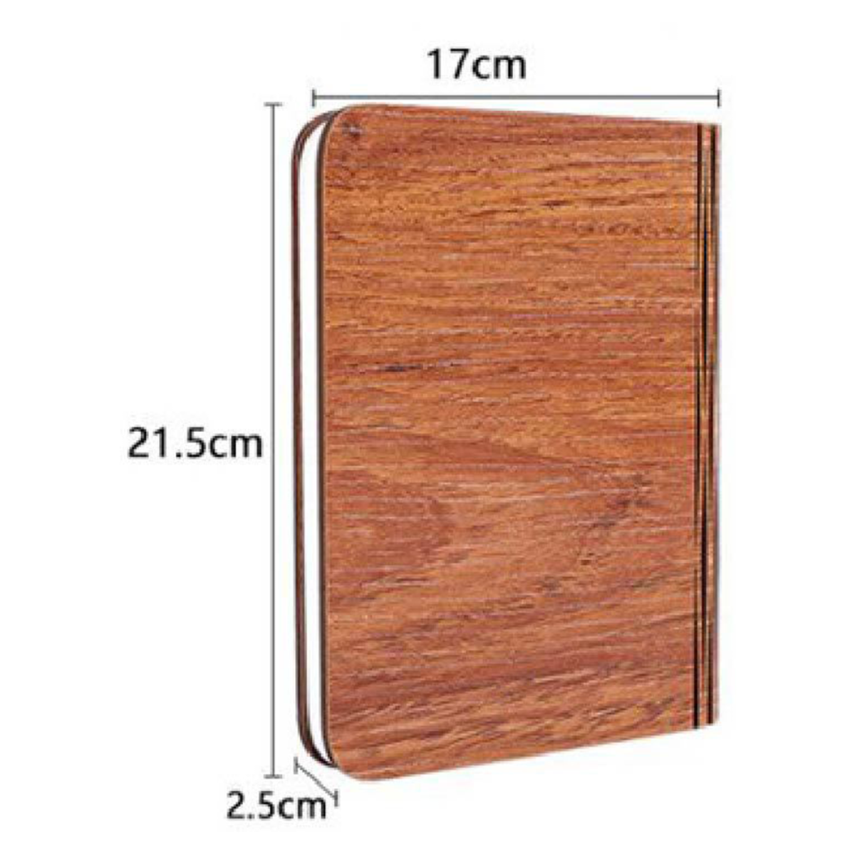 Holzobjekt in Buchform mit Abmessungen: 21,5 cm Höhe, 17 cm Breite, 2,5 cm Dicke.