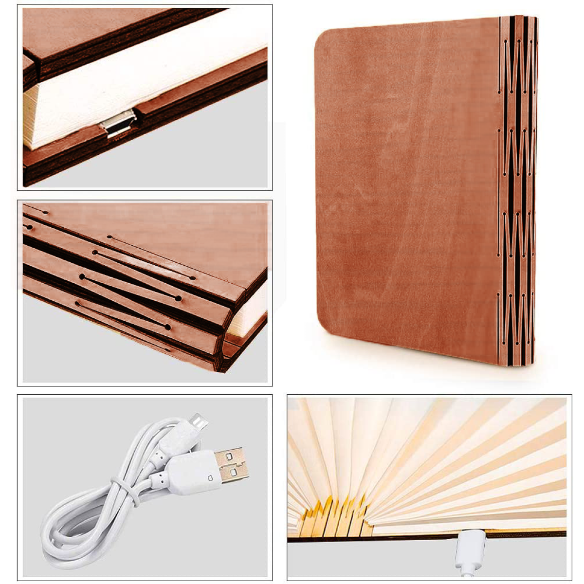 Holzbuch mit detaillierten Abschnitten. Nahaufnahmen von Einband, Seiten und USB-Anschluss.