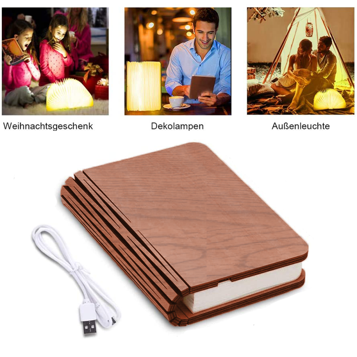 Buchförmige Lampe aus Holz, mit drei Szenen, die ihre Verwendung zeigen, und einem USB-Kabel.