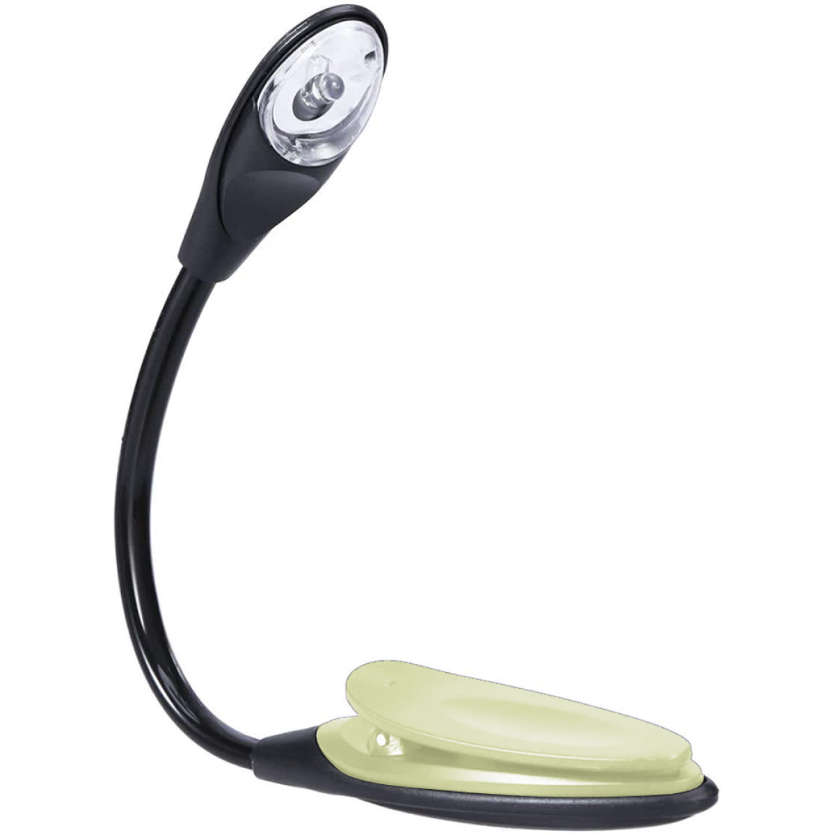 Eine schwarze Leselampe mit flexiblem Hals und Clip-on-Sockel; ein Licht oben.