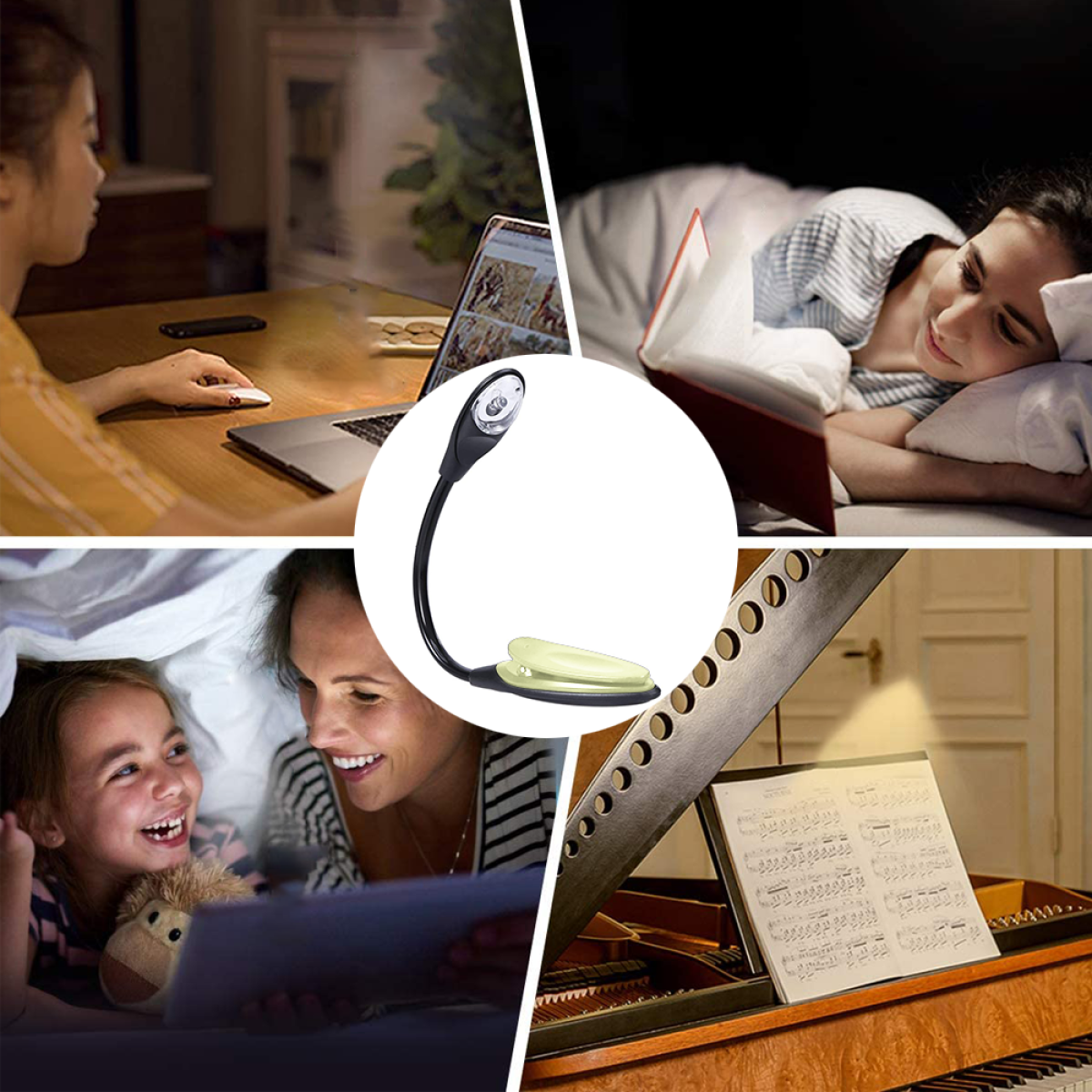 Collage einer Schreibtischlampe in Gebrauch. Menschen lesen, arbeiten am Laptop und spielen Klavier damit.