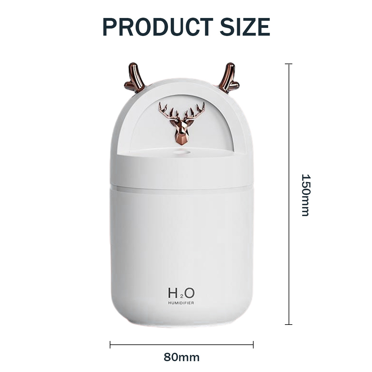 Weißer Luftbefeuchter mit Geweih. Der Text sagt Produktgröße: 150 mm Höhe, 80 mm Breite.