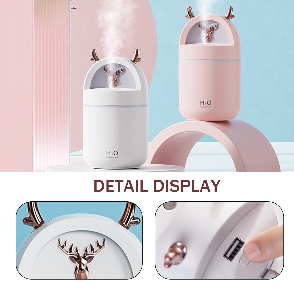 Zwei weiße und rosa hirschförmige Luftbefeuchter. Nahaufnahmen zeigen Hirsch und USB-Anschluss.