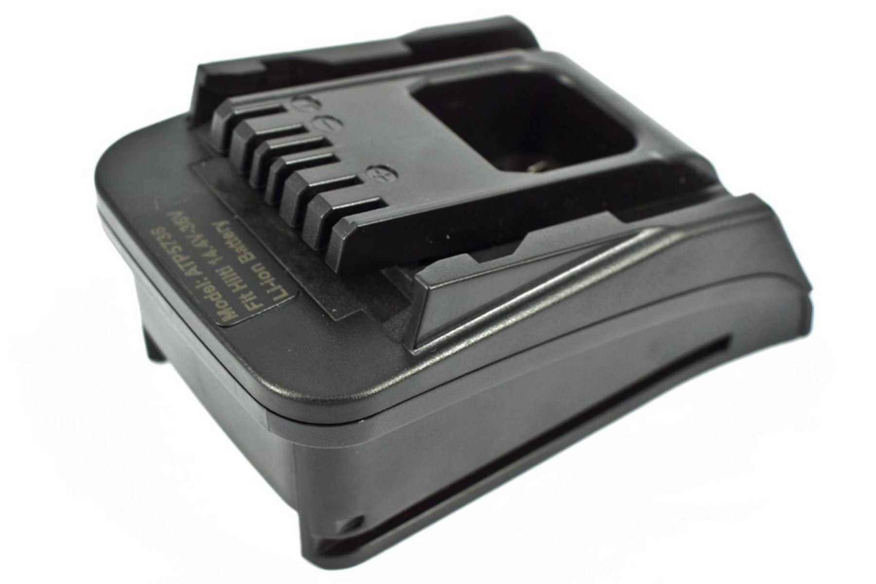 Ein schwarzes Batterieladegerät für eine 14,4V-36V Li-Ionen-Batterie mit abgewinkeltem Design.
