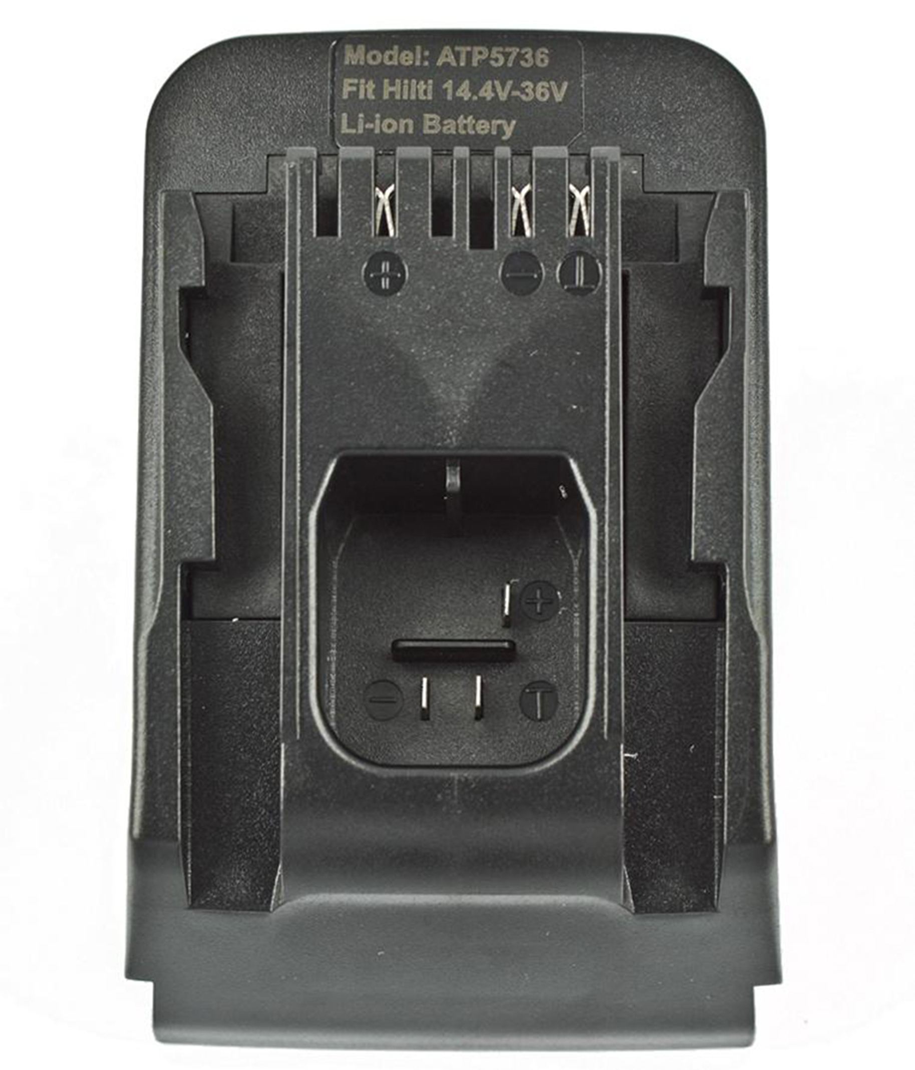 Schwarzer Hilti Li-Ion Akku. Modell ATP5736, passend für 14,4V-36V. Schwarzer Kunststoff.