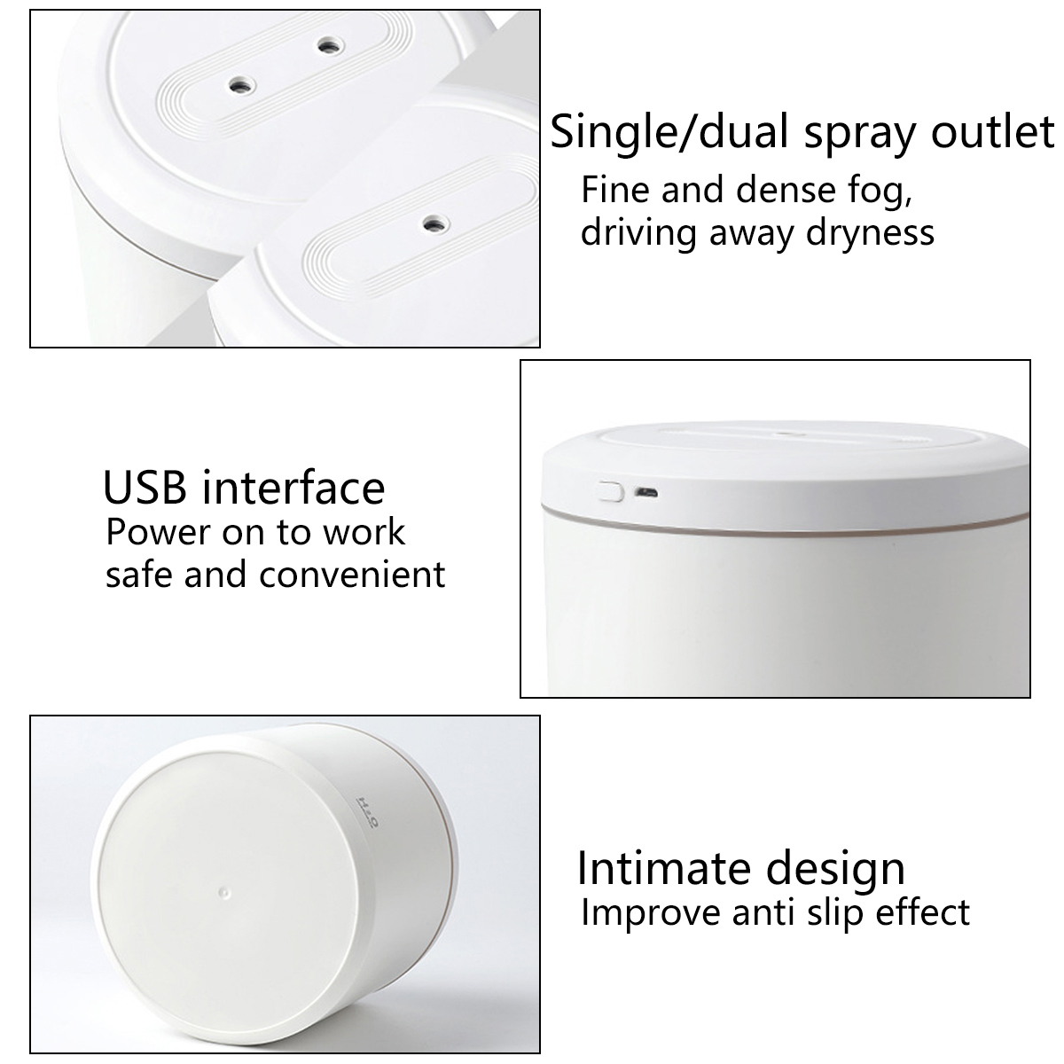 Weiße Luftbefeuchter-Nahaufnahmen: Sprühöffnung, USB-Schnittstelle und Unteransicht. Intimes Design.