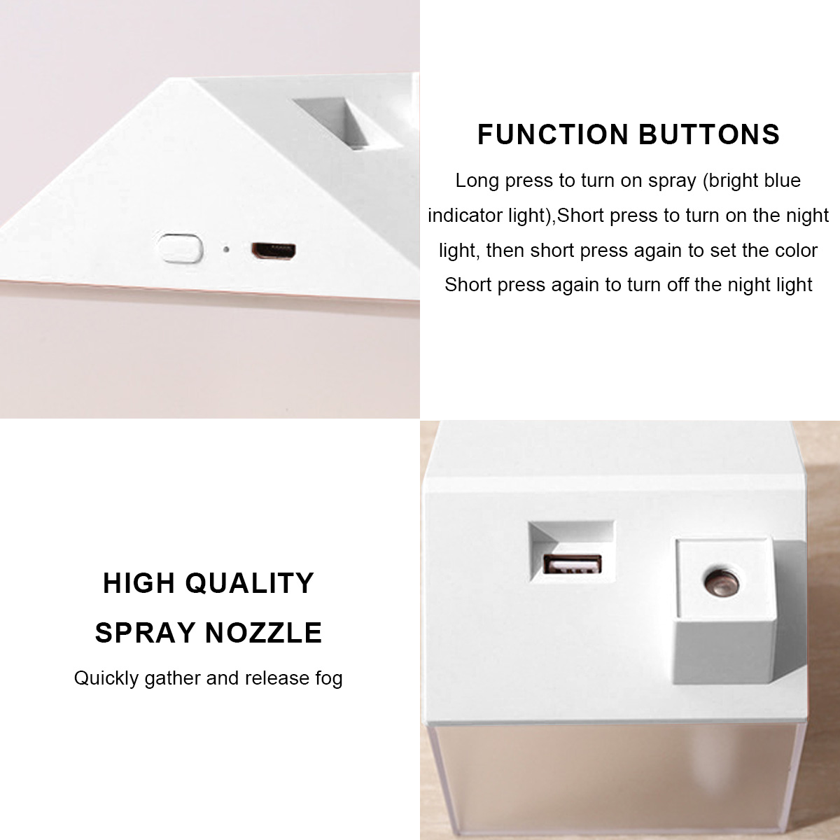 Ein weißer Luftbefeuchter mit Funktionstasten, einem USB-Anschluss und einer hochwertigen Sprühdüse.