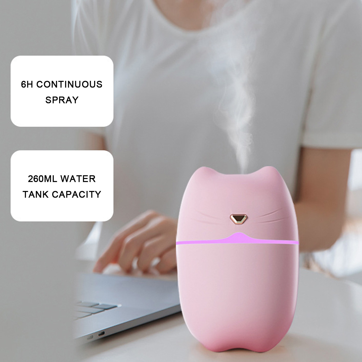 Rosa katzenförmiger Luftbefeuchter mit Text über 6H-Spray und 260ml Kapazität.