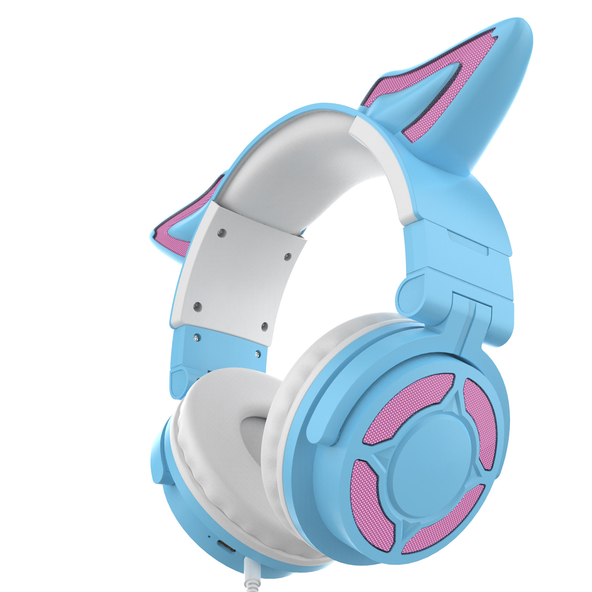 Blaue Kopfhörer mit Katzenohren und rosa Akzenten. Sie liegen auf einer weißen Fläche.