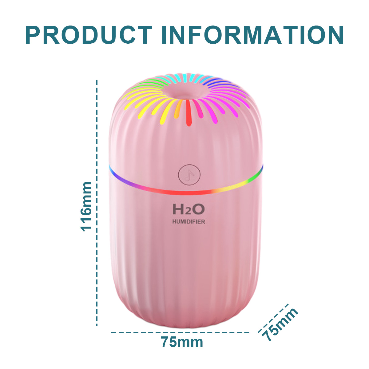 Ein rosa Luftbefeuchter mit Regenbogenlichtern. Die Abmessungen betragen 116 mm Höhe und 75 mm Breite.