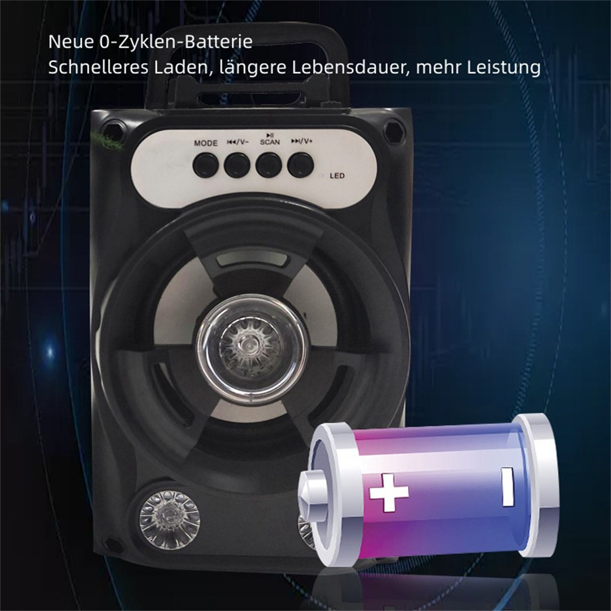 Schwarzer Lautsprecher mit Batteriebild. Text: 'Neue 0-Zyklus-Batterie, schnelleres Laden'.