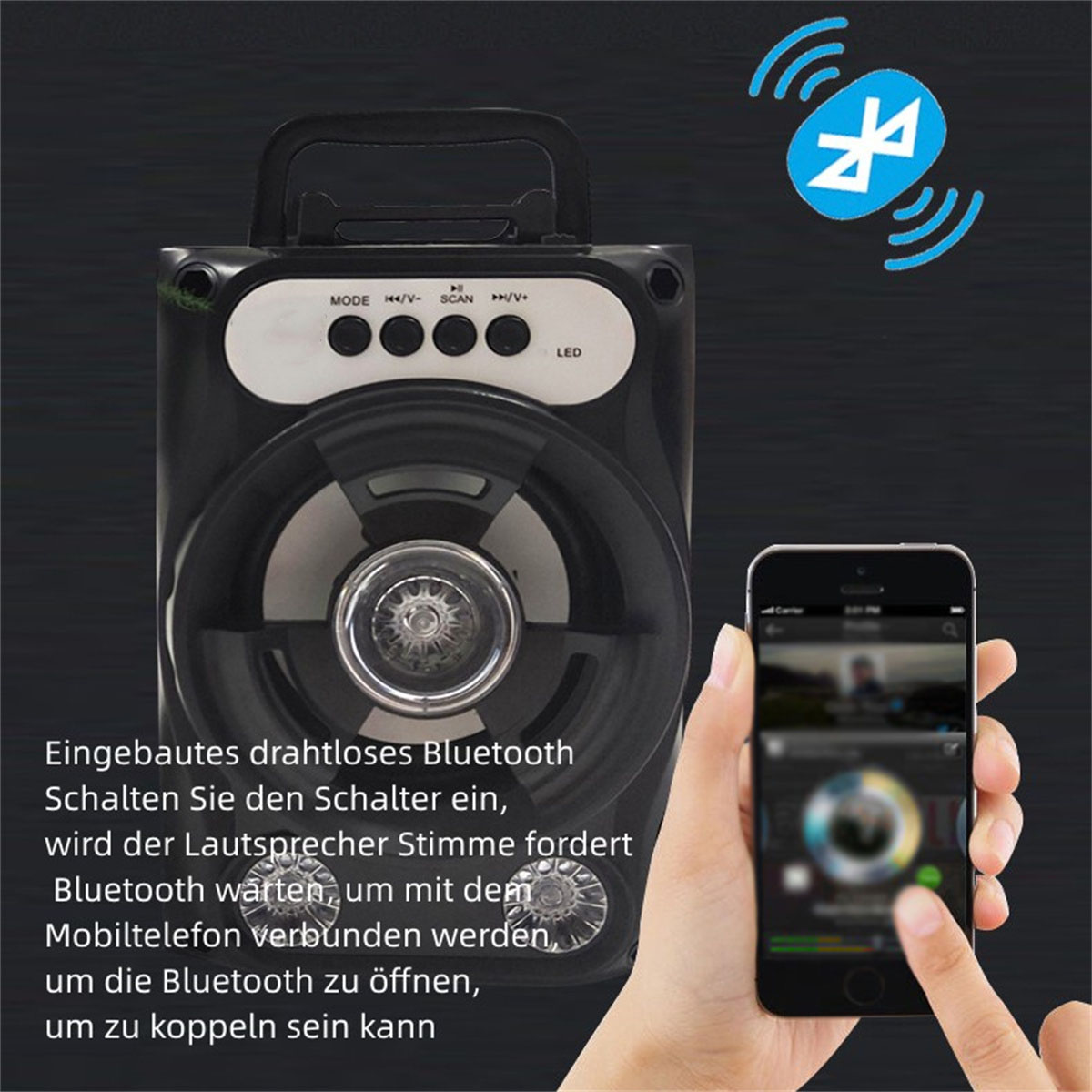 Schwarzer Bluetooth-Lautsprecher mit Griff, eine Hand, die ein Telefon hält.