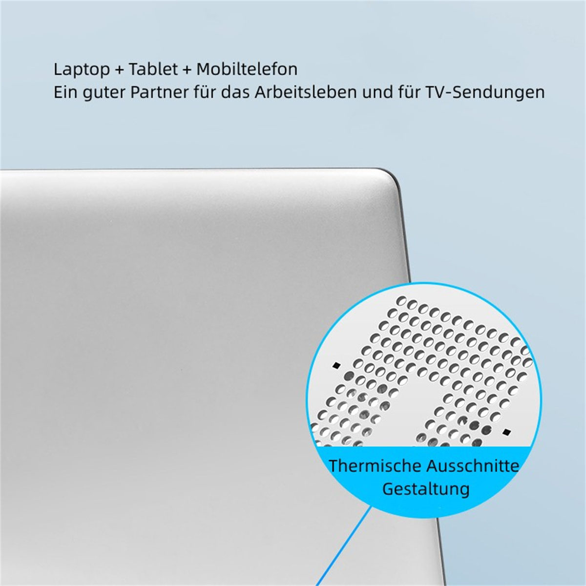 Silberner Laptop, der eine Nahaufnahme des Designs der Wärmeaussparungen zeigt. Es gibt auch ein Tablet und ein Telefon.