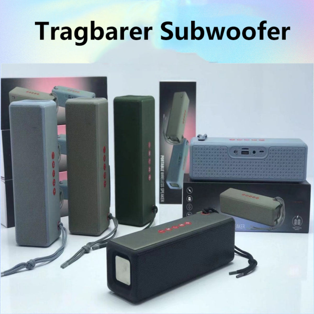 Variedad de subwoofers portátiles en varios colores sobre cajas negras, con texto, interior.