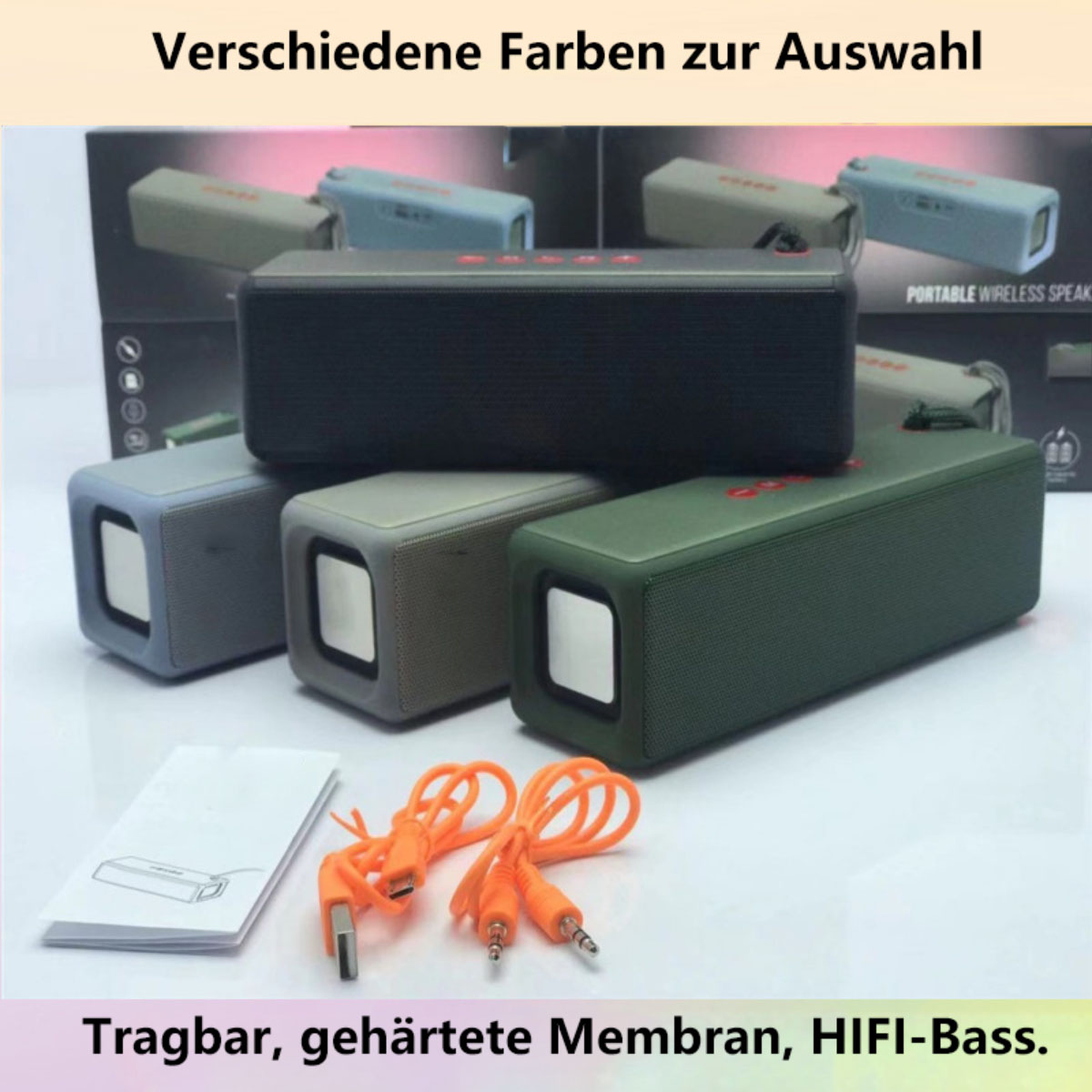 Altavoces en diferentes colores, con accesorios y texto en español.