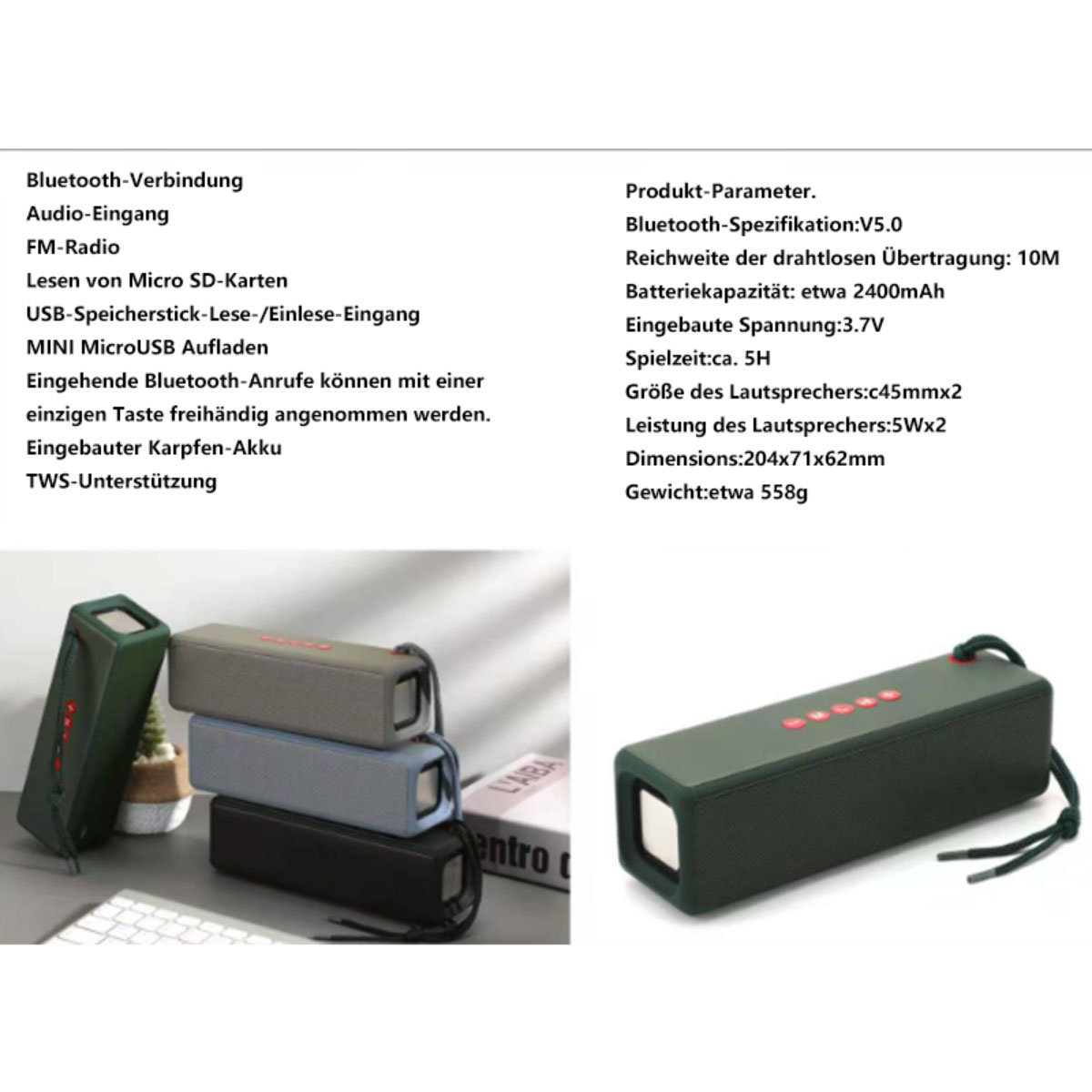 BYTELIKE Mini-Bluetooth-Lautsprecher Tragbare Subwoofer Bluetooth-Lautsprecher, Disc Außenbereich für T-Karte U grau den