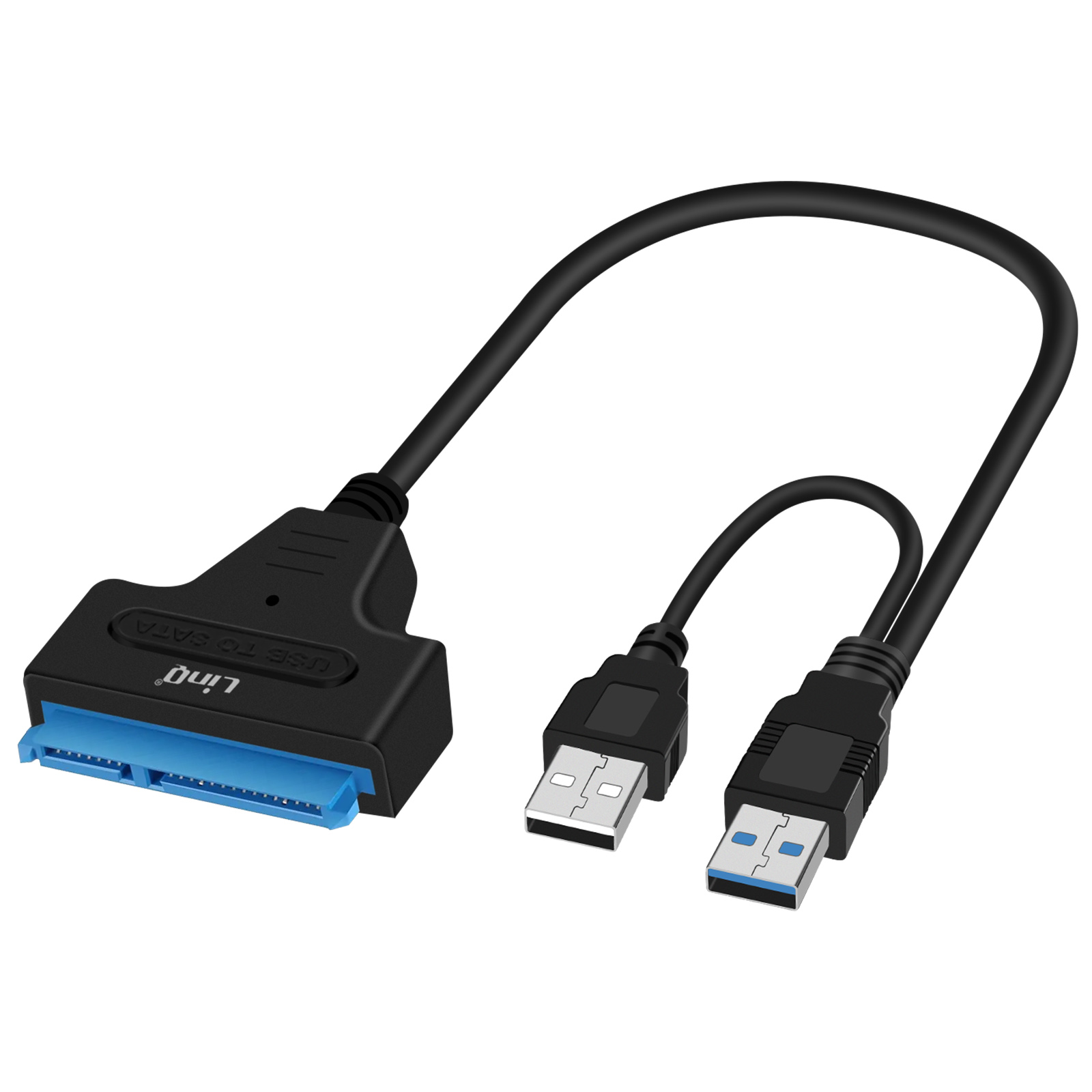 Cavo adattatore da USB a SATA nero. Due connettori USB, un connettore SATA, cavo nero.