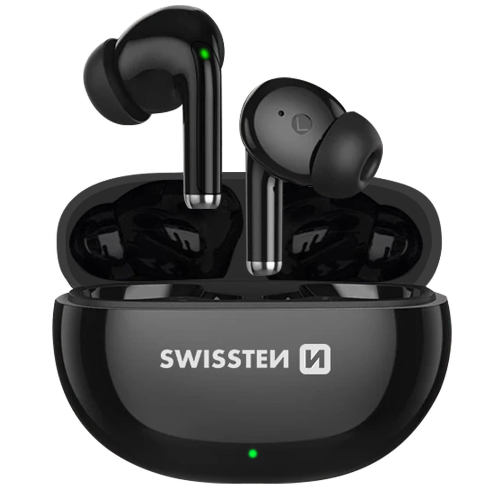 Auricolari neri in una custodia di ricarica nera, con il marchio "SWISSTEN" visibile sulla custodia.