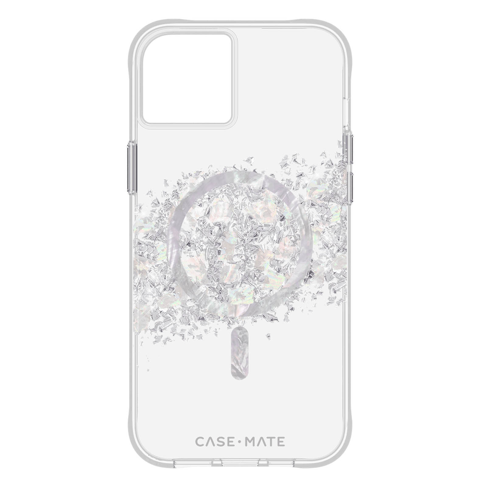 Transparente Handyhülle mit silbernem Glitzerdesign um einen kabellosen Ladekreis.