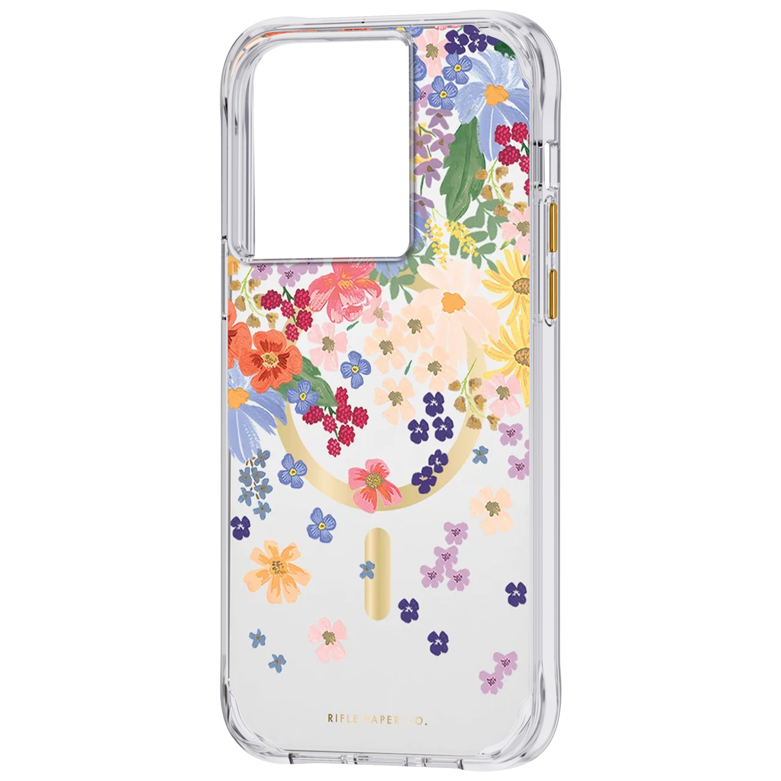 Transparente Handyhülle mit floralem Design. Bunte Blumen auf transparentem Hintergrund.