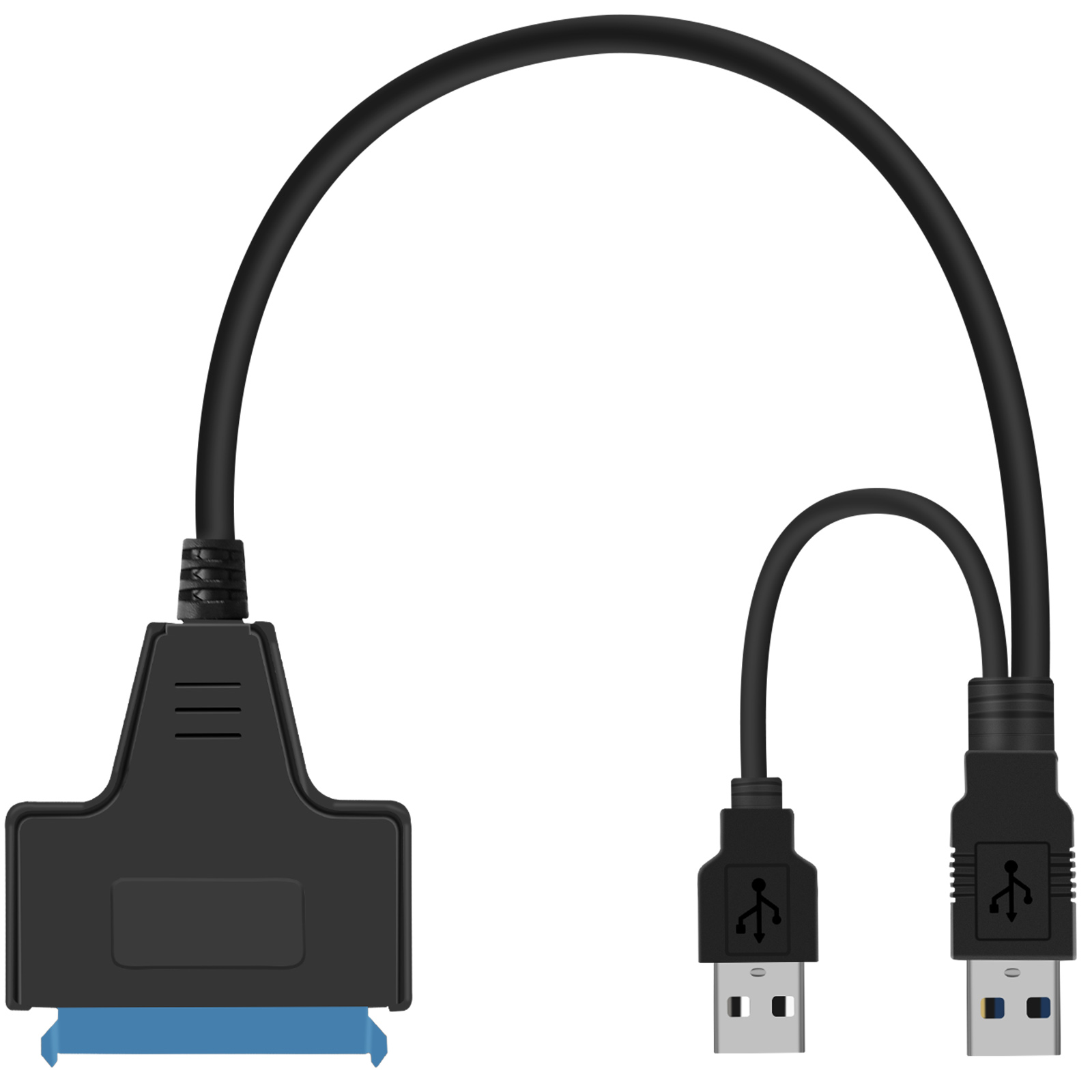 Cavo adattatore da USB a SATA nero. Ha un connettore SATA e due connettori USB-A.