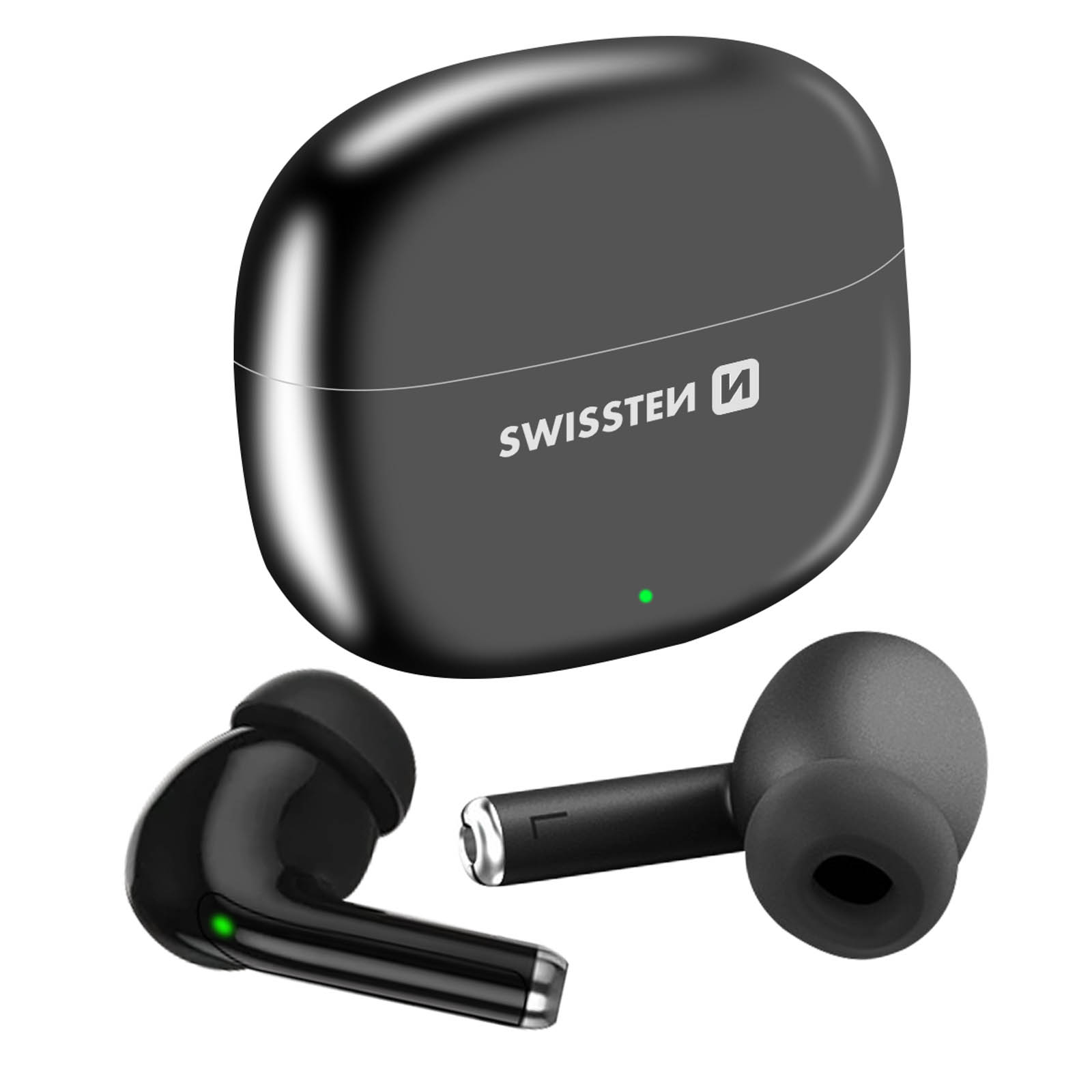 Auricolari wireless neri in una custodia di ricarica, con un auricolare all'esterno, contro uno sfondo bianco.