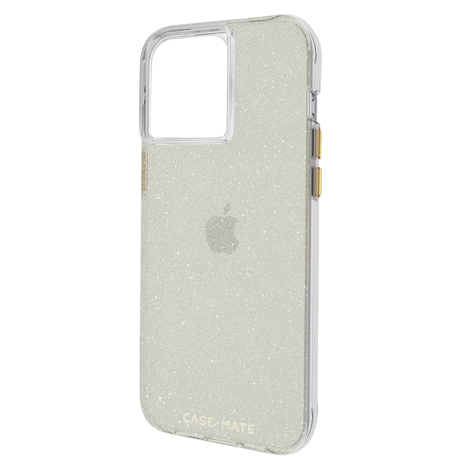 Transparente Handyhülle mit Glitzer, zeigt das Apple-Logo und das Case-Mate-Etikett.