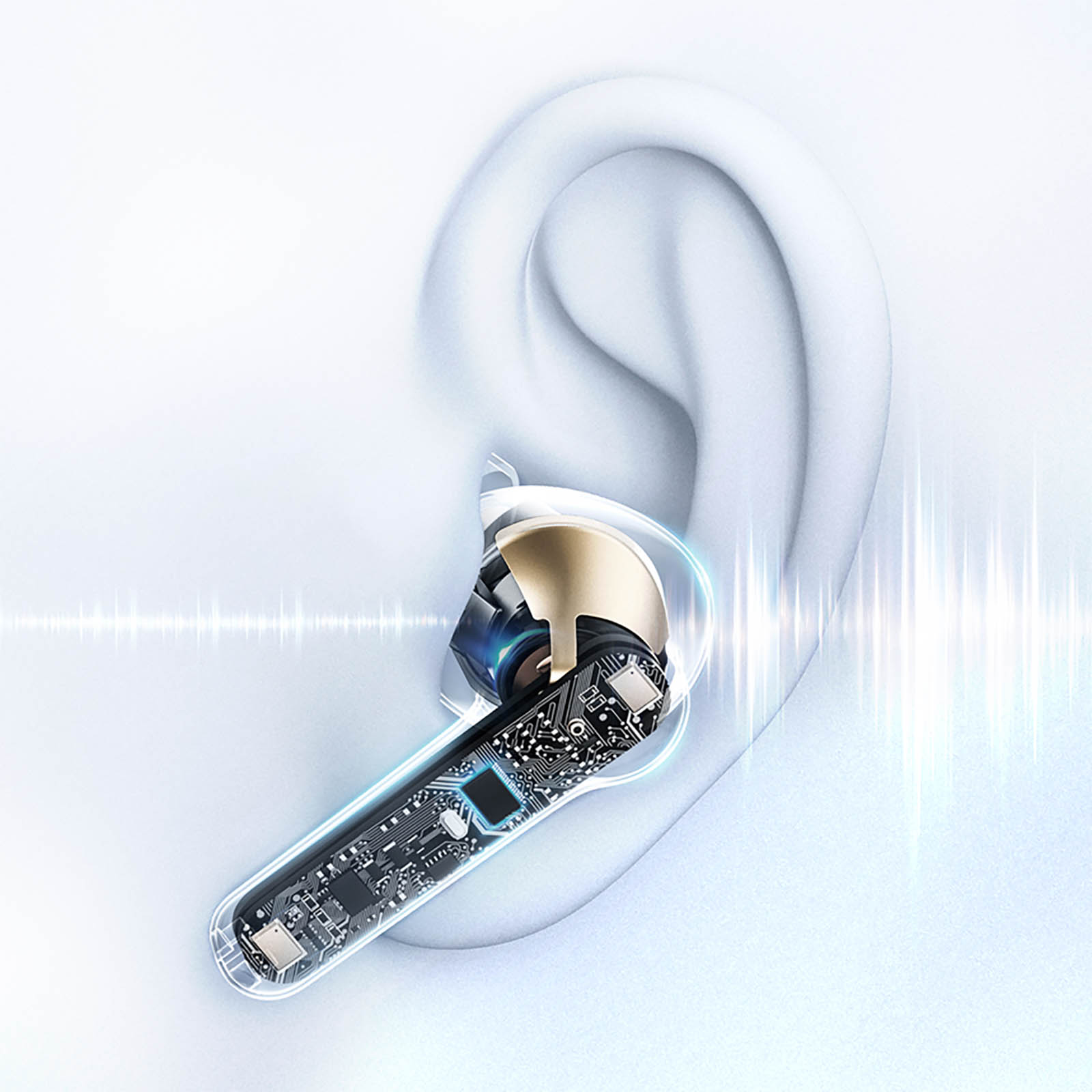 Auricolare che mostra i componenti all'interno dell'orecchio. Le linee indicano le onde sonore. Accenti di colore oro e nero.