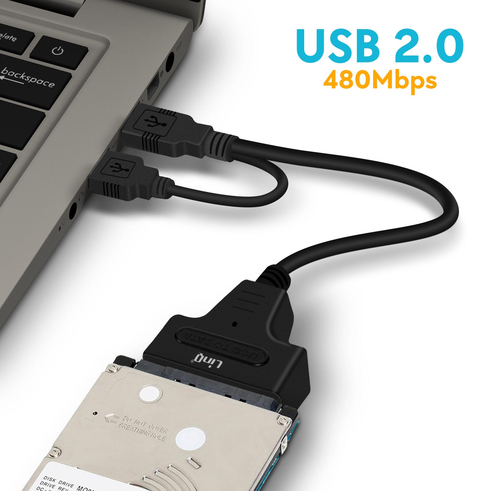 Cavo USB 2.0 collegato a un laptop e a un disco rigido SATA. Testo: 'USB 2.0 480Mbps'.