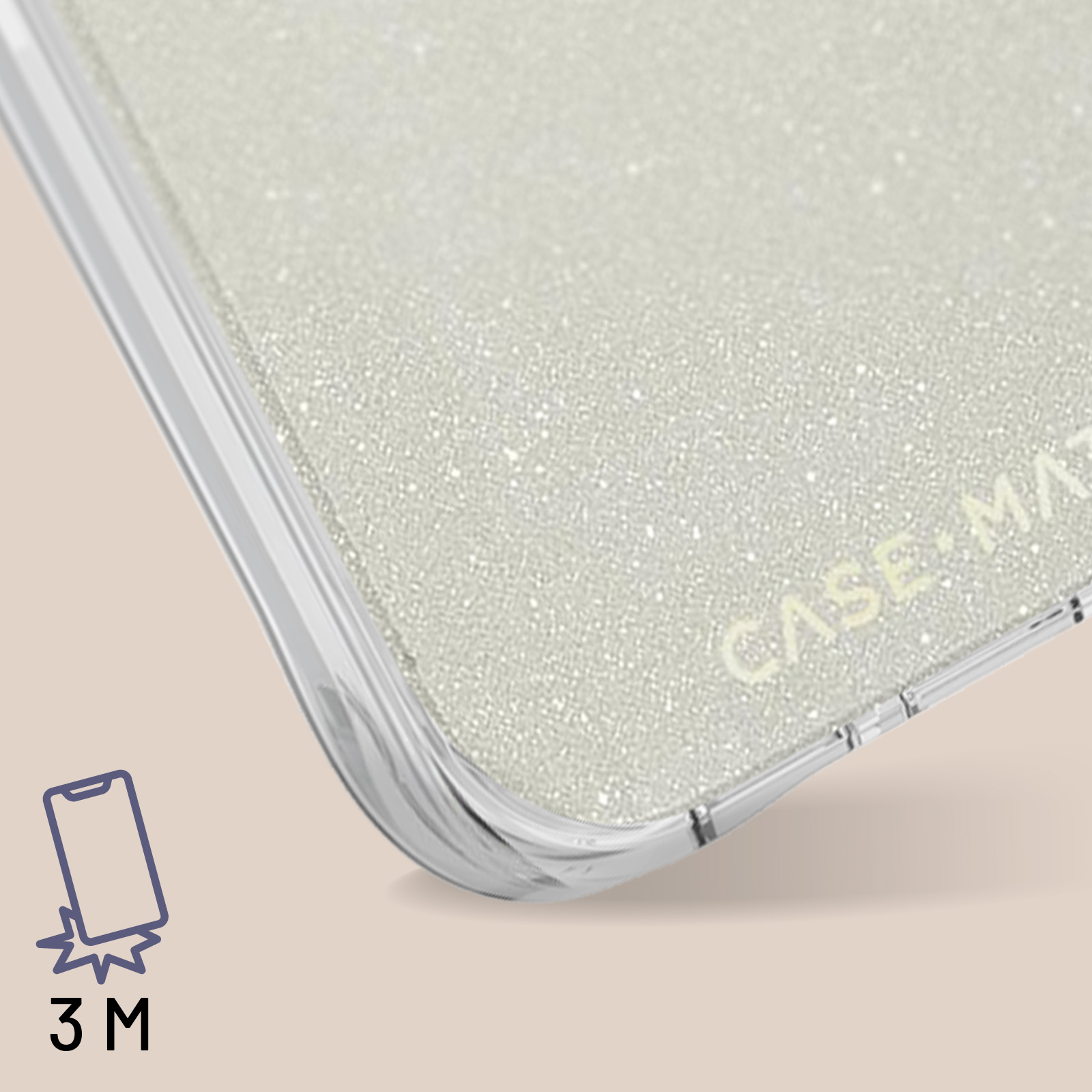 Nahaufnahme einer Handyhülle mit glitzernder Oberfläche, leicht angewinkelt, mit einem Telefonsymbol und dem Text '3 M'.