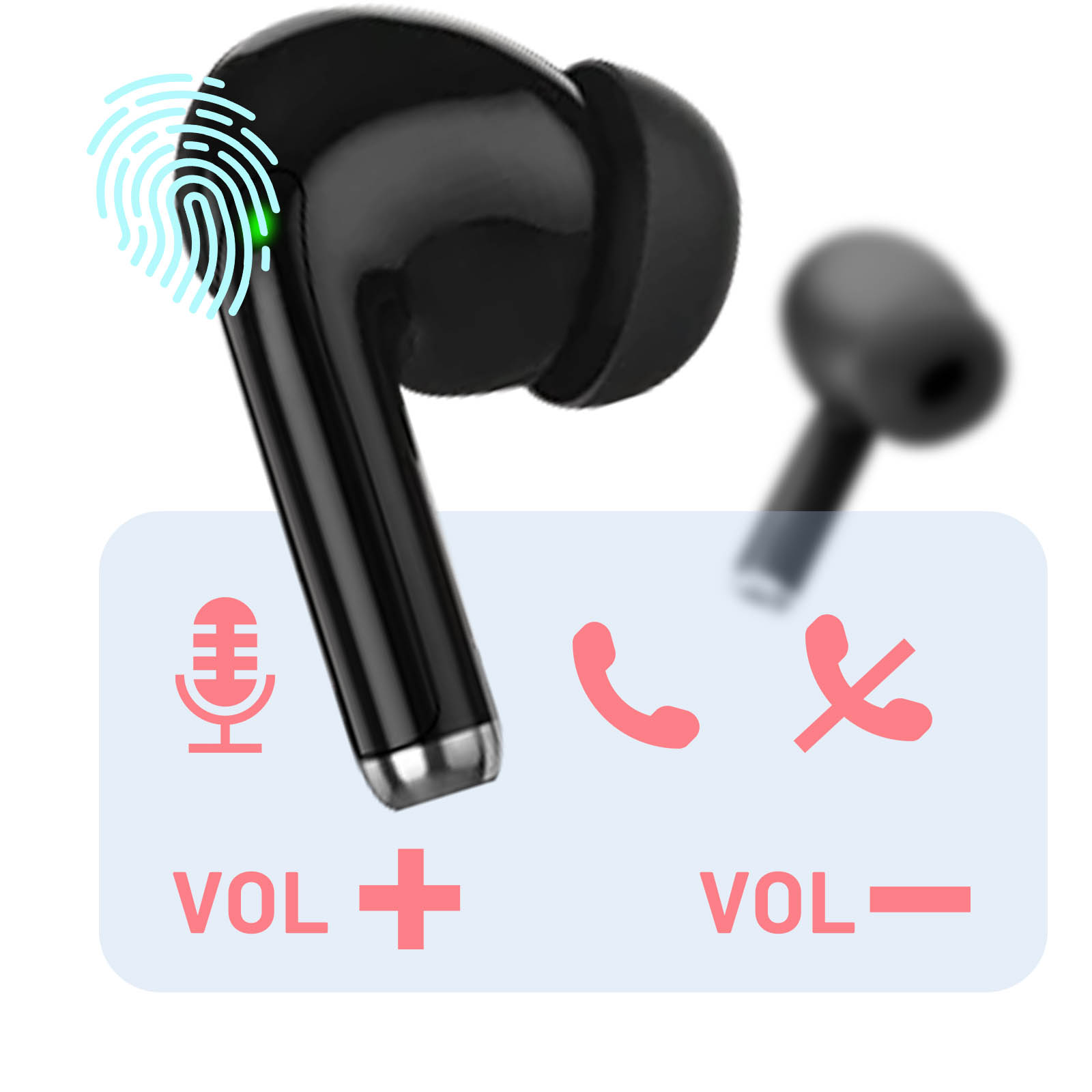 Auricolari neri con icone di controllo del volume e delle chiamate. Icona del sensore di impronte digitali, luce verde.