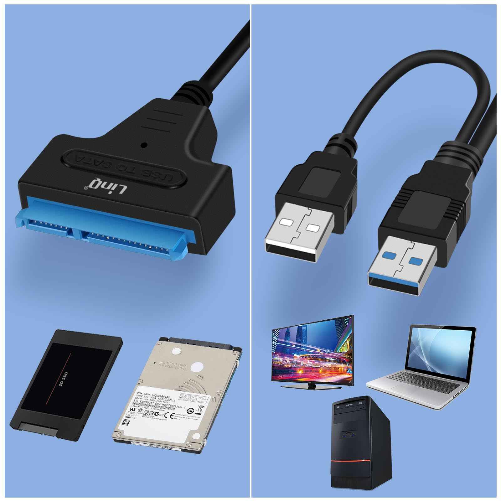 Cavo adattatore USB a SATA con disco rigido e altri componenti del computer su sfondo blu.