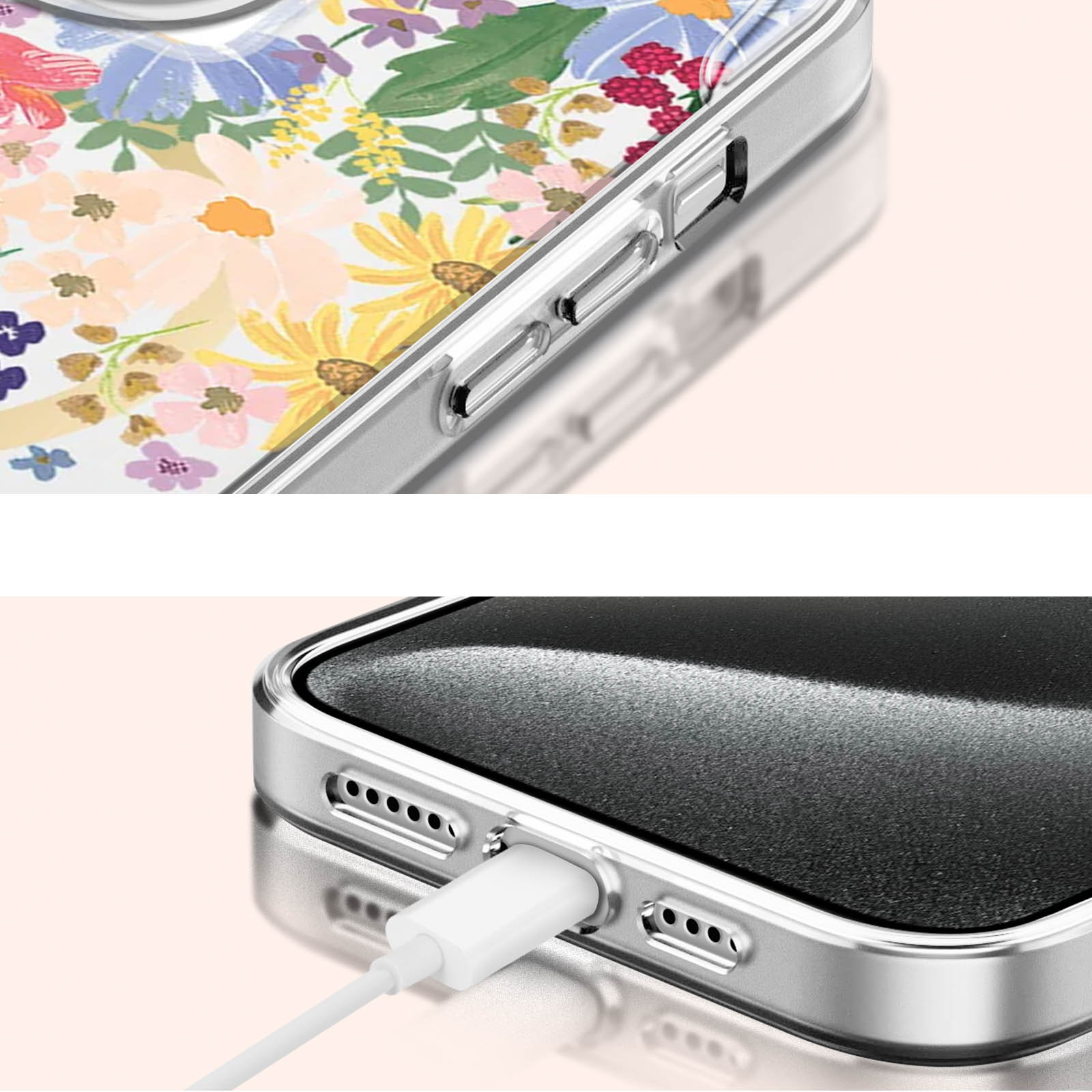 Eine Handyhülle mit floralem Design und einem Ladeanschluss, weißes Kabel eingesteckt.