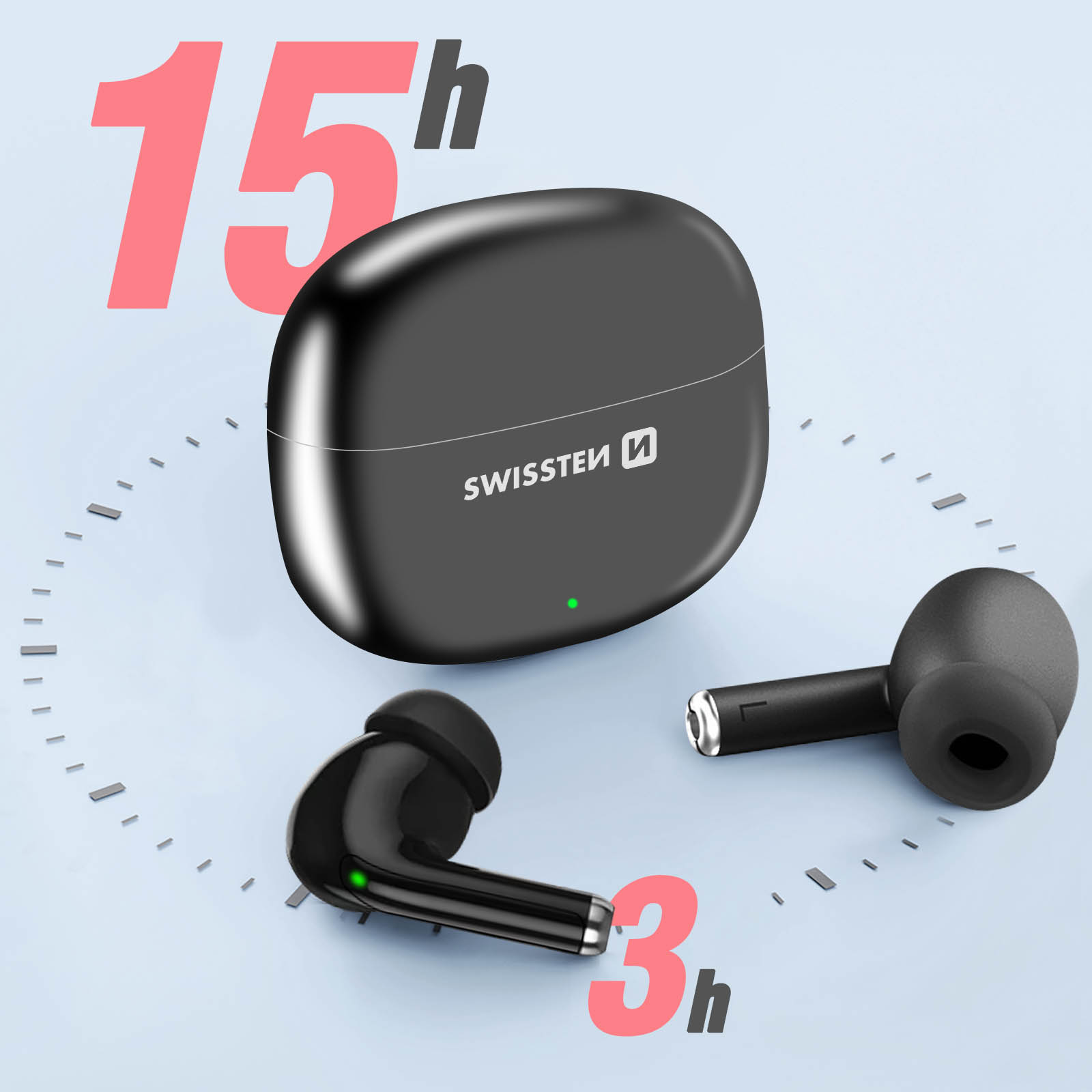 Auricolari wireless neri con custodia di ricarica. La custodia mostra il marchio e il tempo in ore.